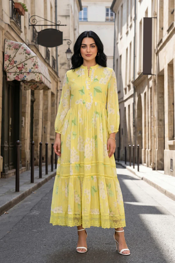 Light Yellow Floral Printed Chiffon Flared Dress