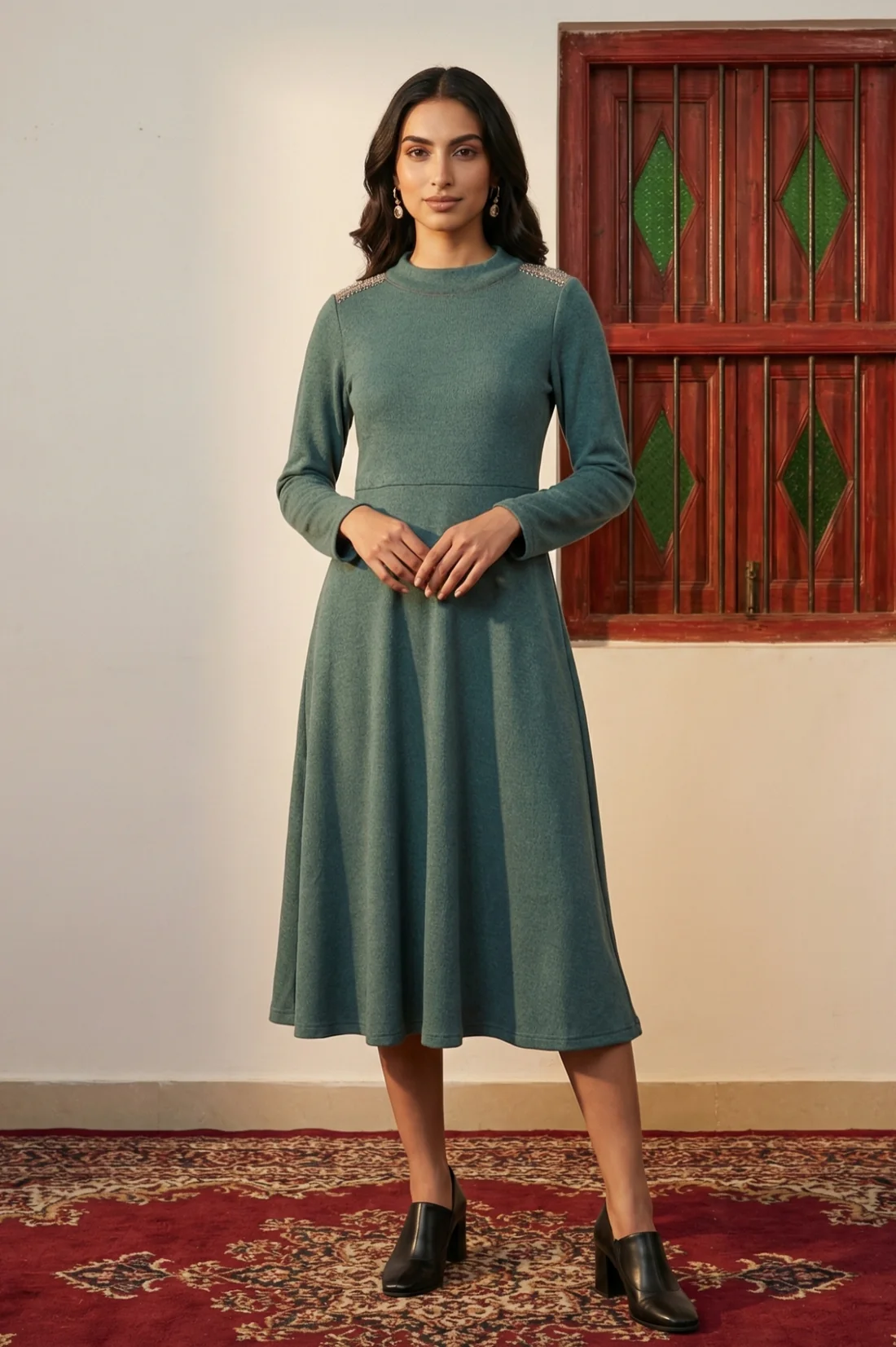 Blue Floral Printed Flared Chiffon Dress with Embroidered Yoke