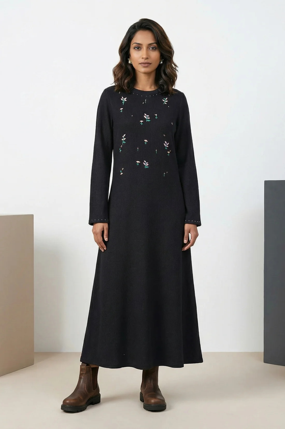 BlackFloral Printed Pure Cotton A-line Shirt Dress with Fabric Belt