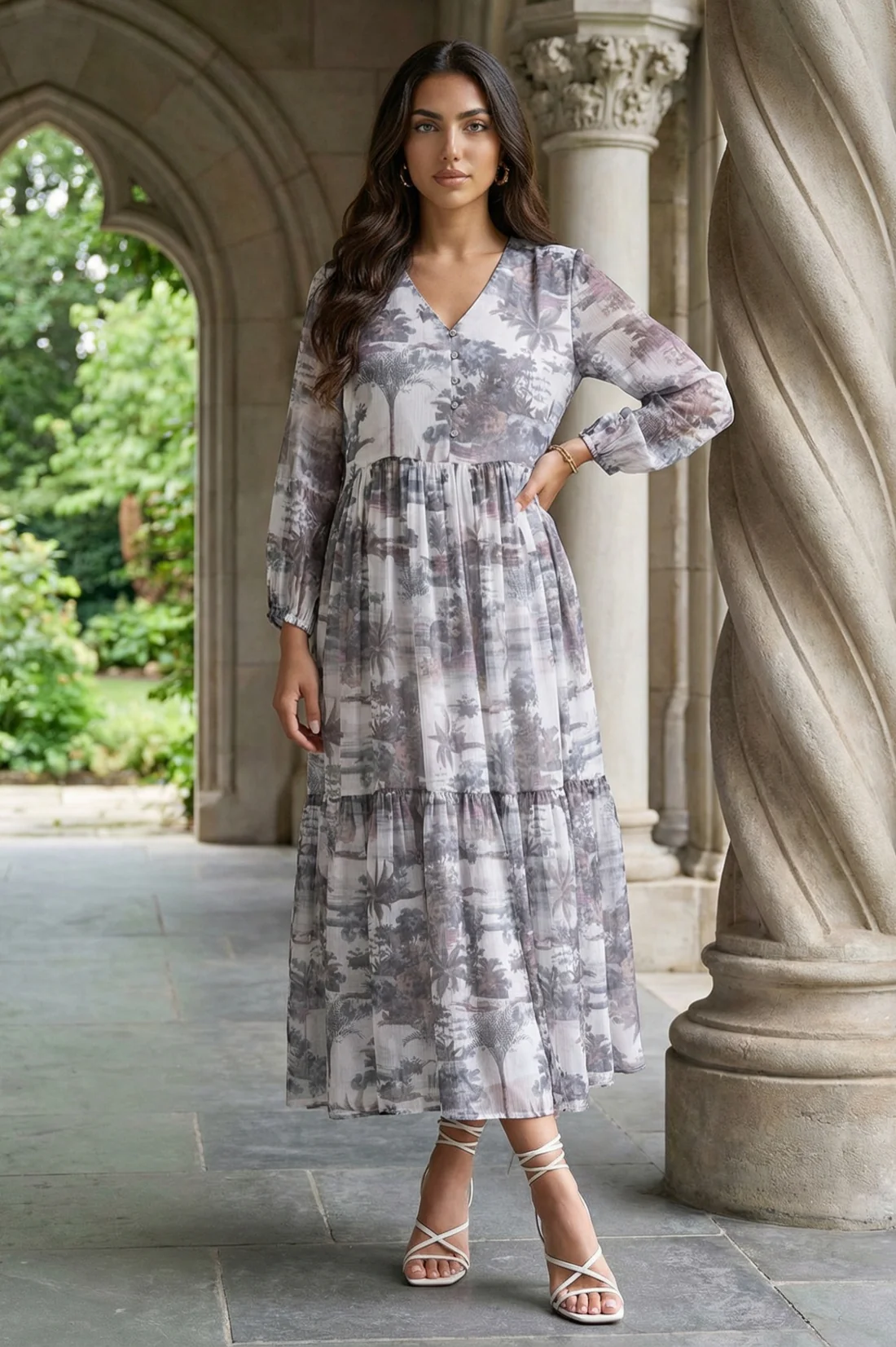 Grey Embroidered Fit & Flare Georgette Dress