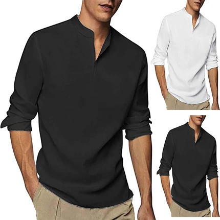 Men's Casual Black Cotton Long Sleeve Button-Up Shirt – Classic Plain Style